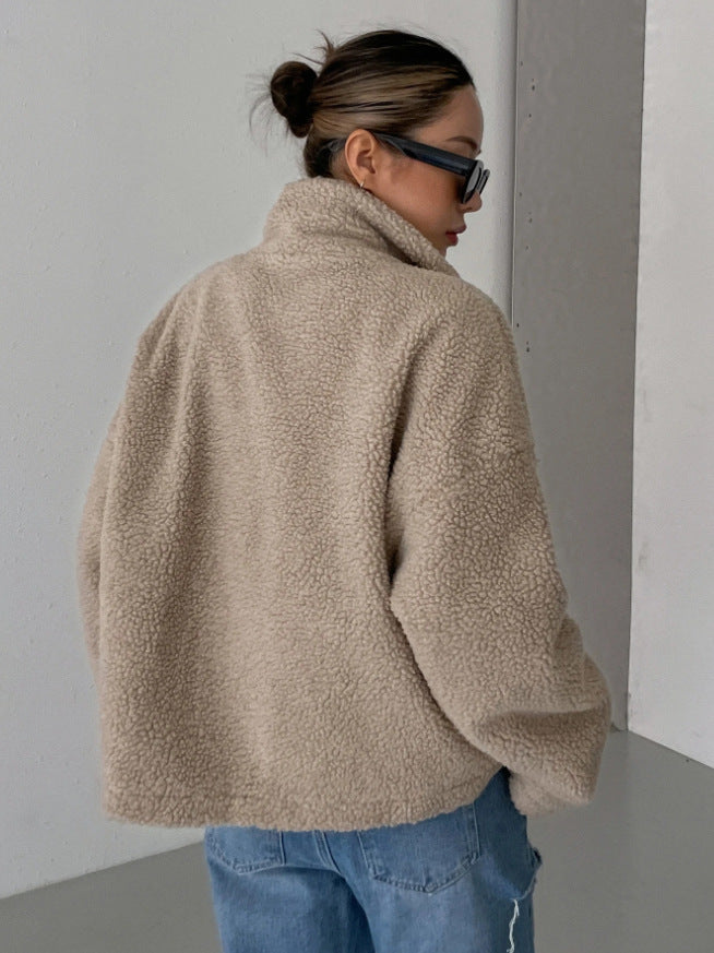 Dame Oversized Fleecejakke med Ståkrave og Lynlås