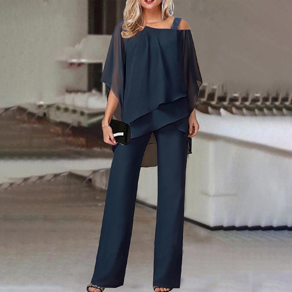 Dame Elegant Jumpsuit med Cold Shoulder i Let Chiffon
