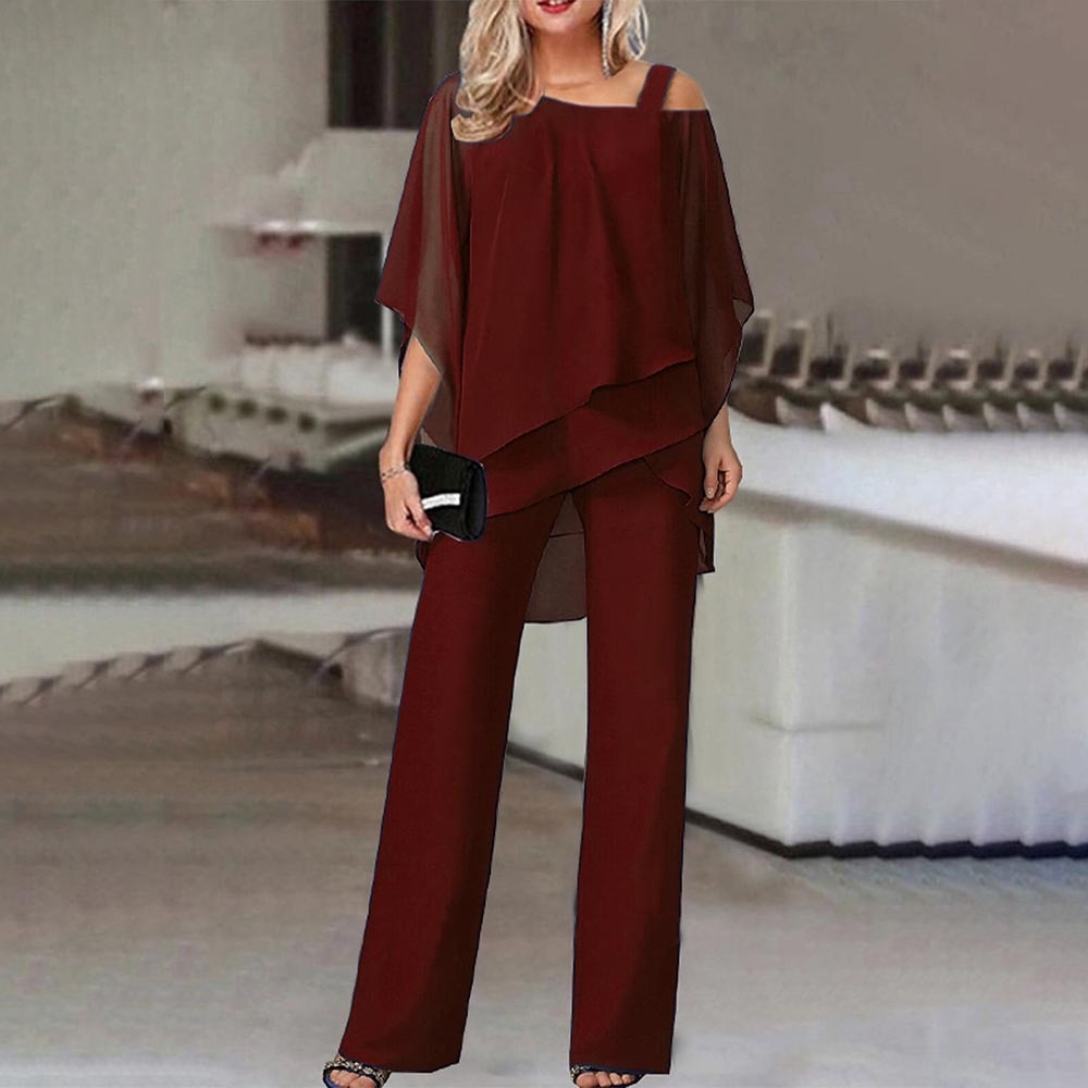 Dame Elegant Jumpsuit med Cold Shoulder i Let Chiffon