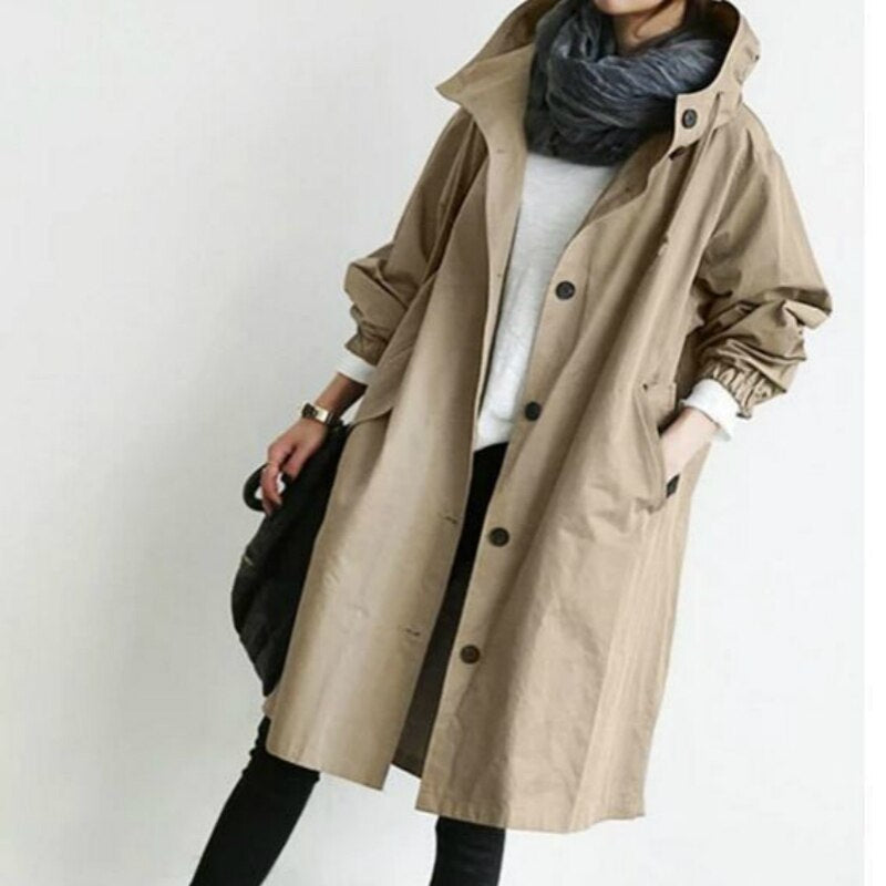 Dame Lang Trenchcoat med Hætte til Forår og Efterår