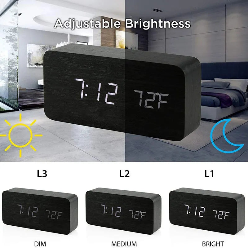 Digitalt LED Vækkeur i Trælook med Temperaturvisning