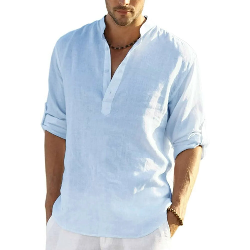 Herre Slim Fit Henley Skjorte i Let og Åndbart Stof