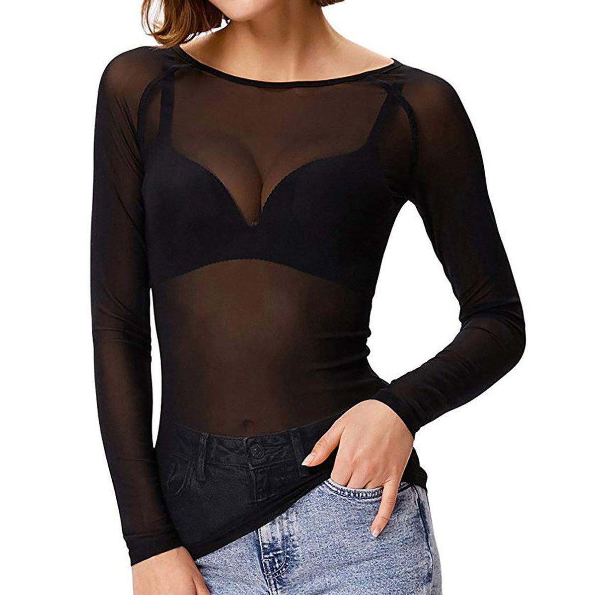 Dame Langærmet Mesh Top til Stilfulde Hverdagsoutfits