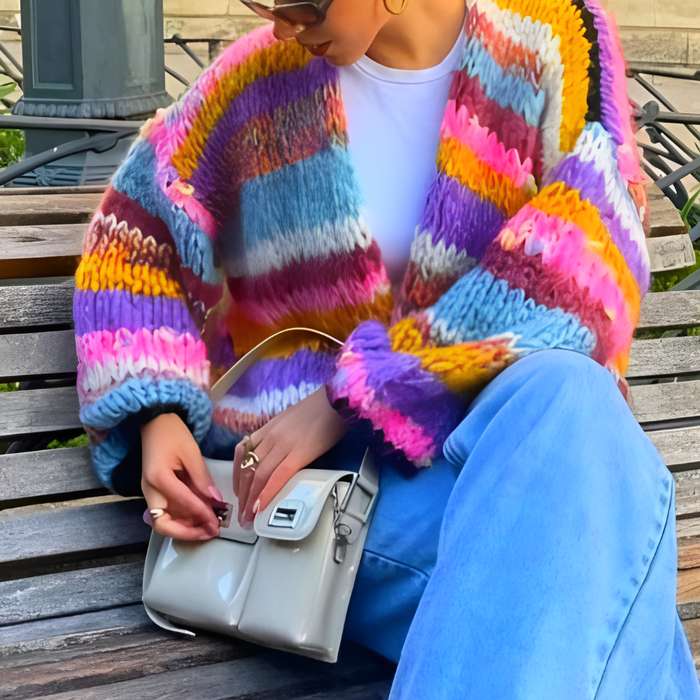Cardigan aperto a righe da donna con maniche lunghe