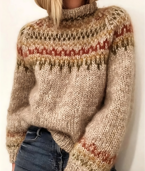Pull à col roulé pour femme, en grosse maille, avec motif jacquard nordique