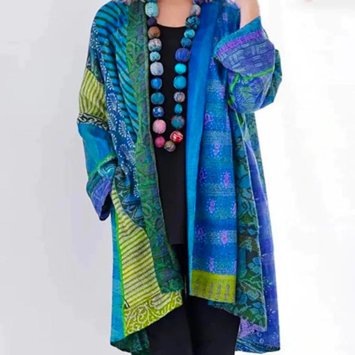 Langer Damen-Kimono mit offener Vorderseite und farbenfrohem Patchwork