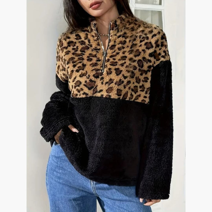 Sudadera polar de mujer con media cremallera y estampado de leopardo