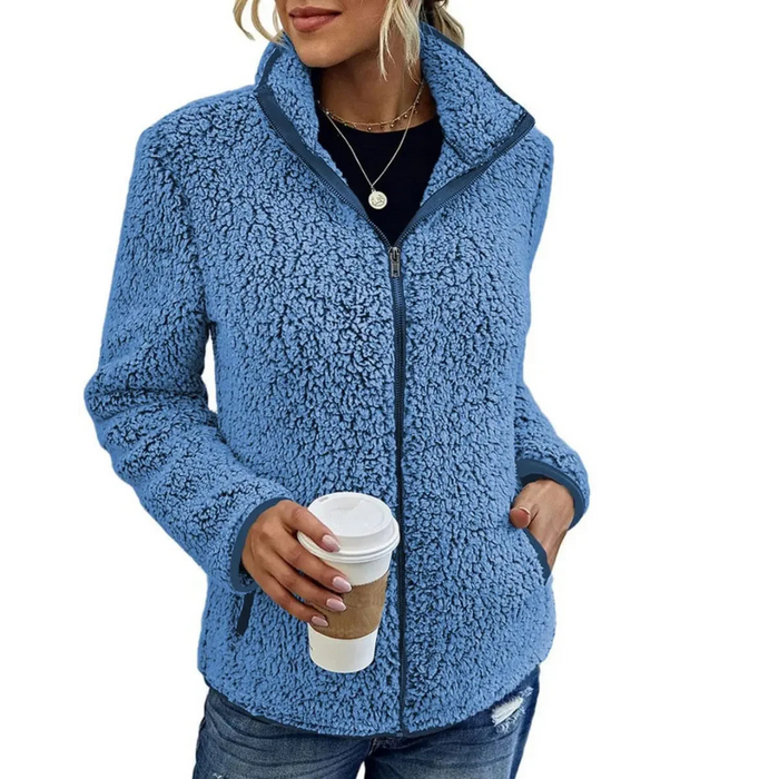 Chaqueta de forro polar teddy para mujer, cuello alto, cremallera, cálida