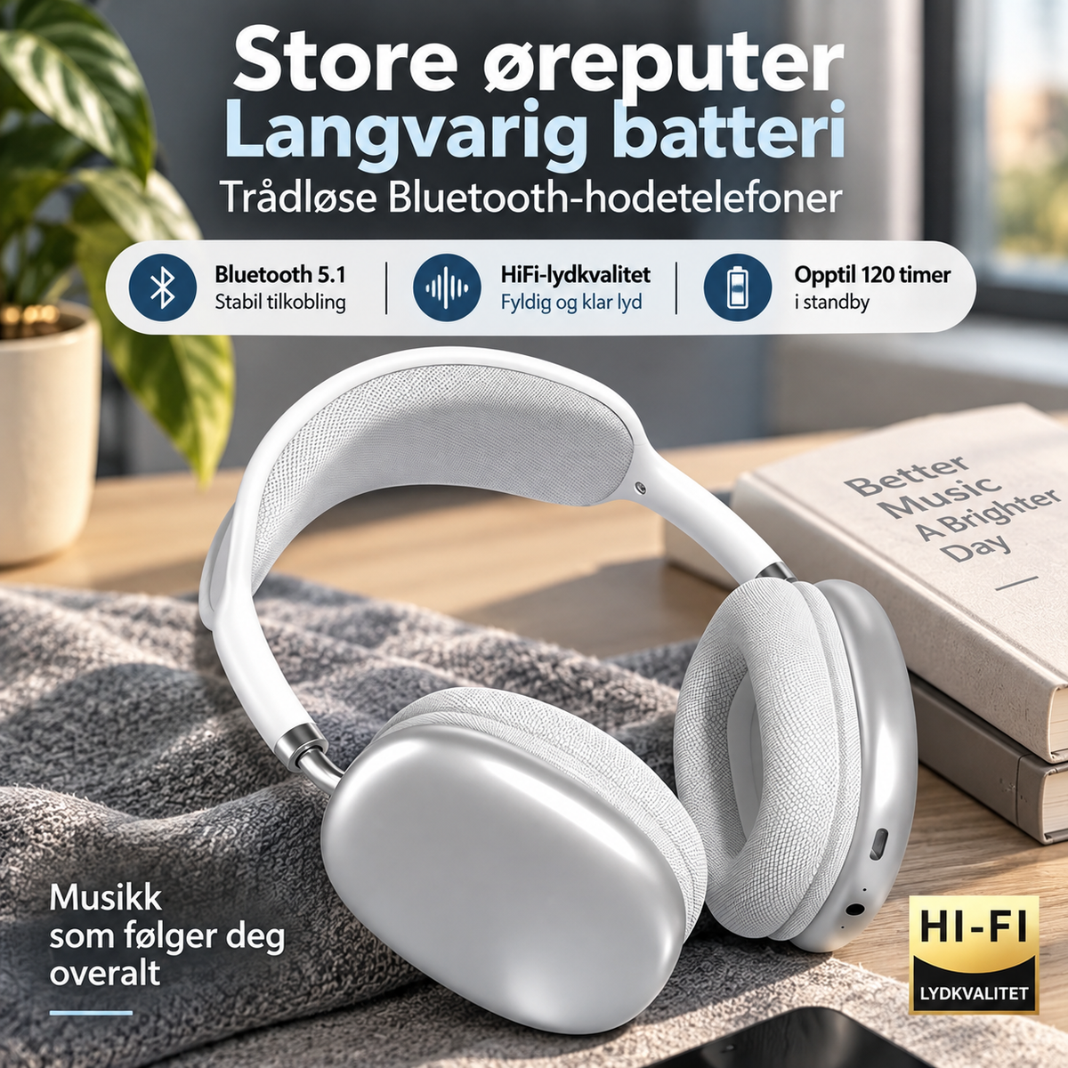Trådløse Støjreducerende Hovedtelefoner med Bløde Ørepuder