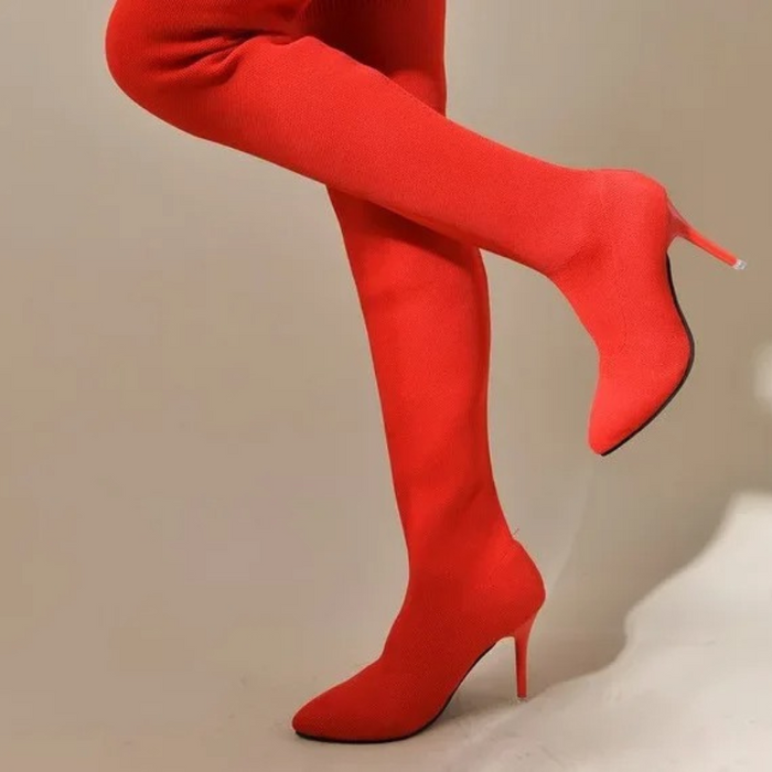 Dameoverknee-stretchstøvlar med stiletthelar og spiss tå