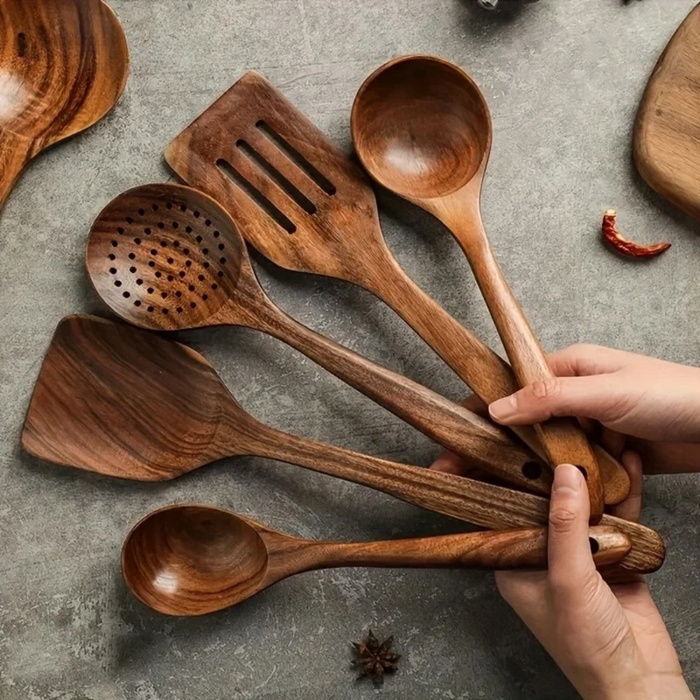 Juego de utensilios de cocina de 5 piezas de madera de nogal con diseño rústico