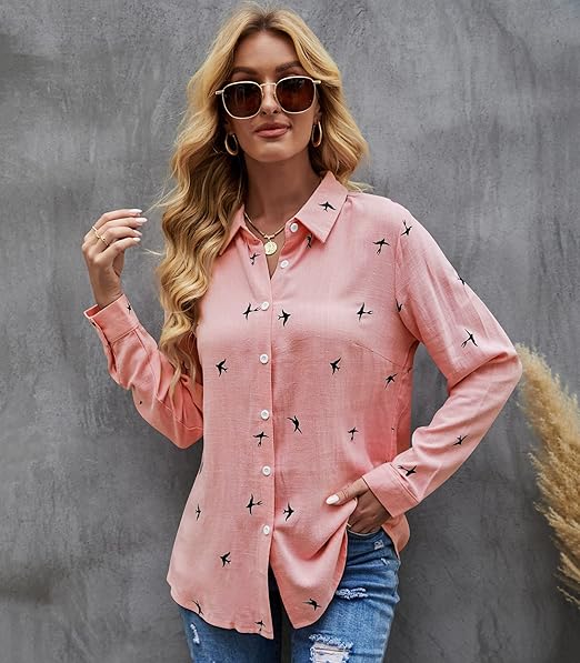 Dame Casual Bluse i Ensfarvet og med Fugleprint