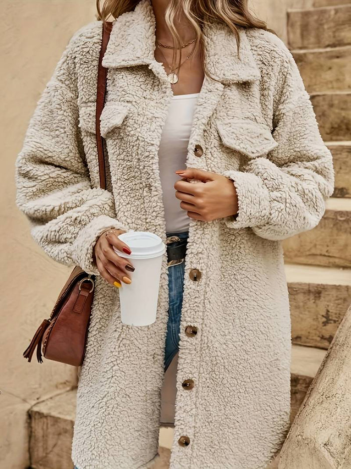 Manteau teddy oversize pour femme, boutonné sur le devant et sans col