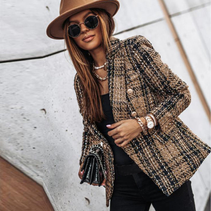 Blazer en tweed à carreaux pour femme et manches longues