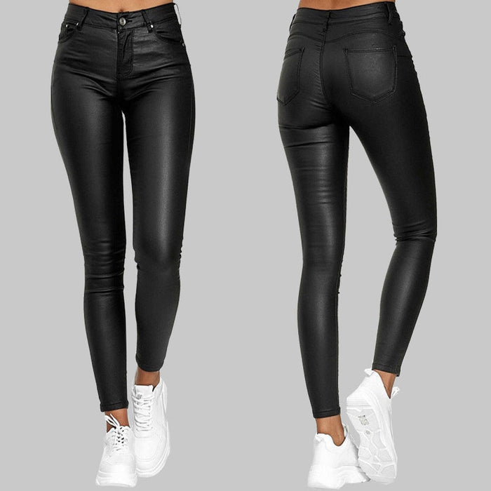 Pantalones ajustados de piel sintética para mujer, de talle alto y elásticos
