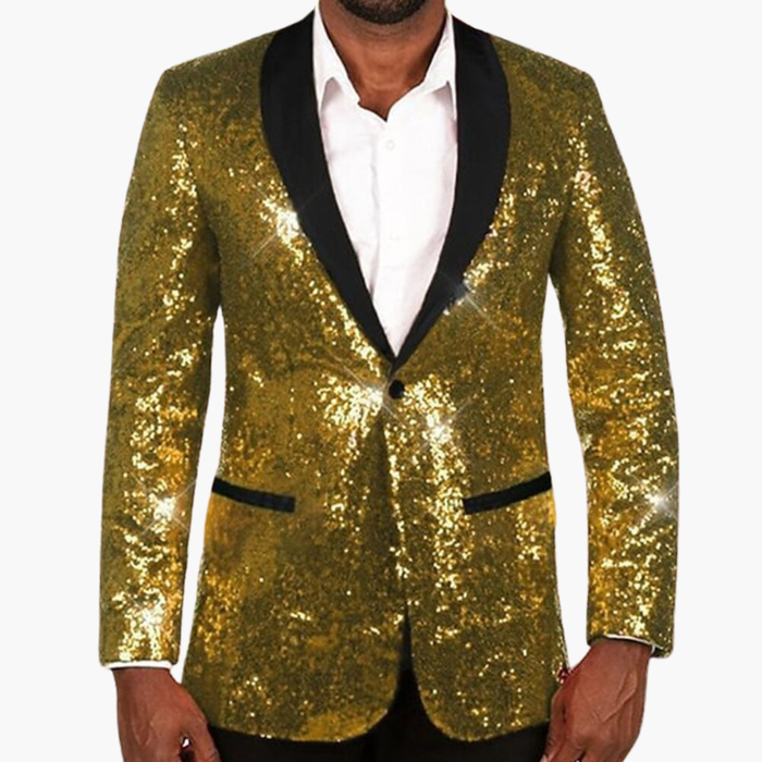 Glitzernder Herrenblazer mit kontrastierendem Revers und langen Ärmeln
