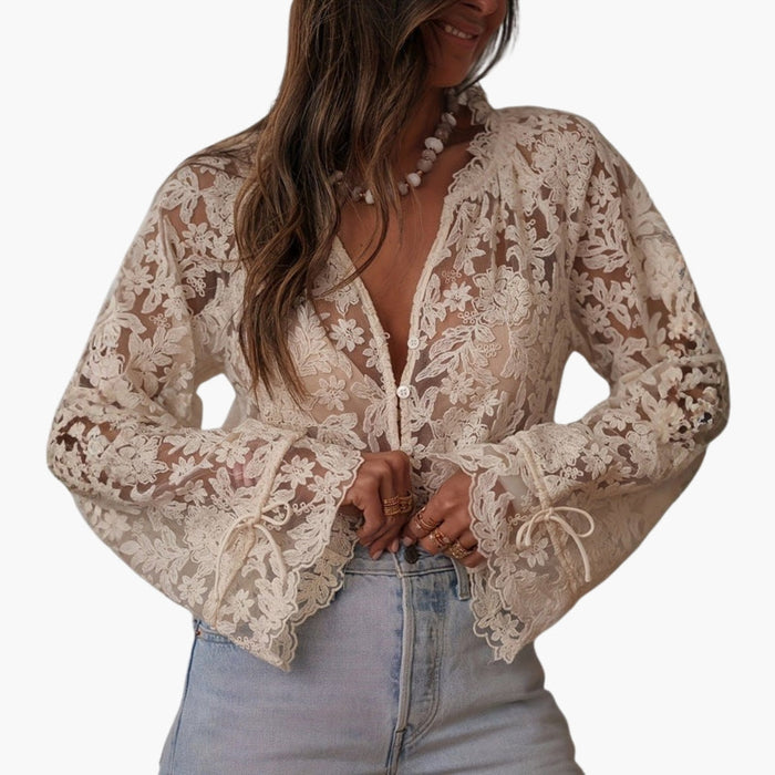 Kvinders Bluse med V-hals og Blomsterbroderi