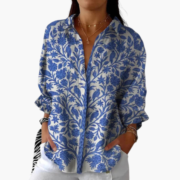 Kvinders Bluse med Knaplukning og Mønstret Design
