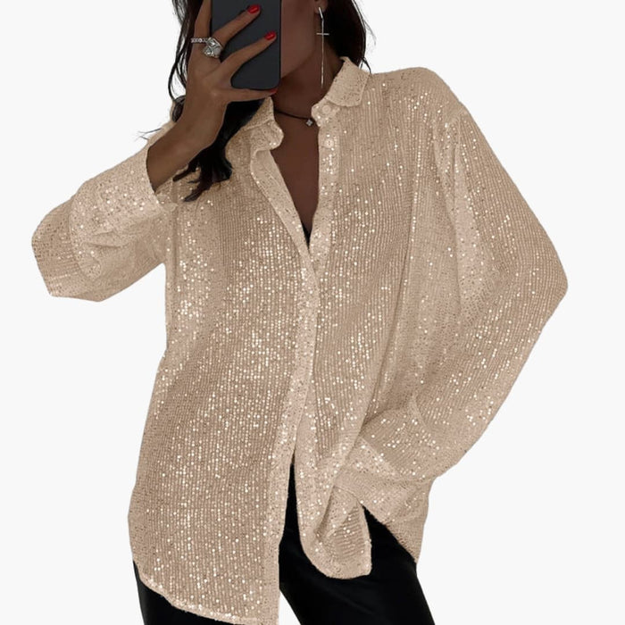 Blusa brillante extragrande para mujer, con mangas largas y corte estructurado para un estilo elegante