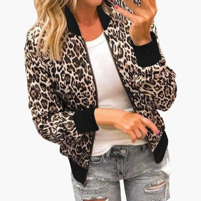 Damen-Bomberjacke mit Reißverschluss und Leopardenmuster