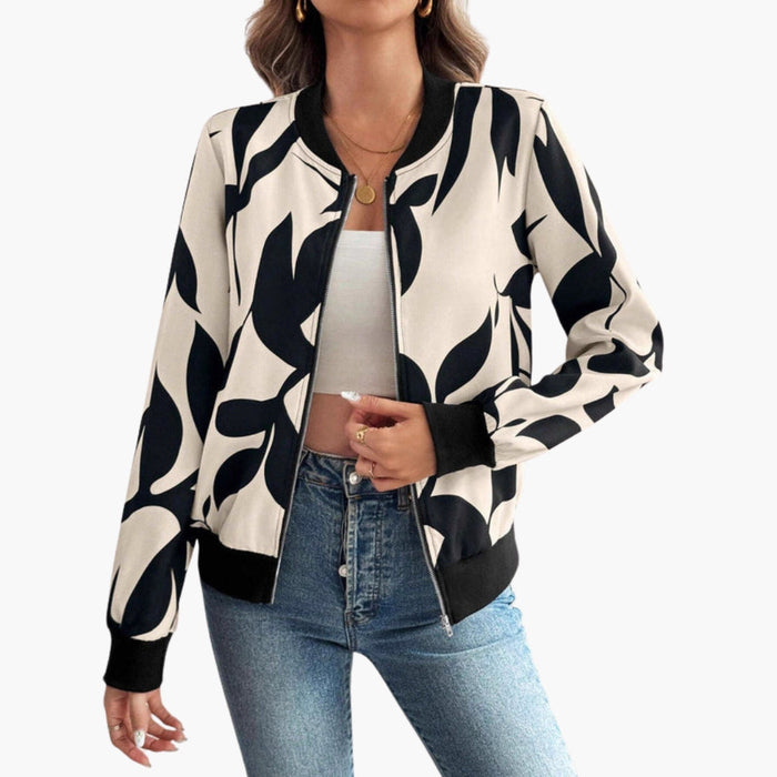 Damen-Bomberjacke mit Blumenmuster und Reißverschluss