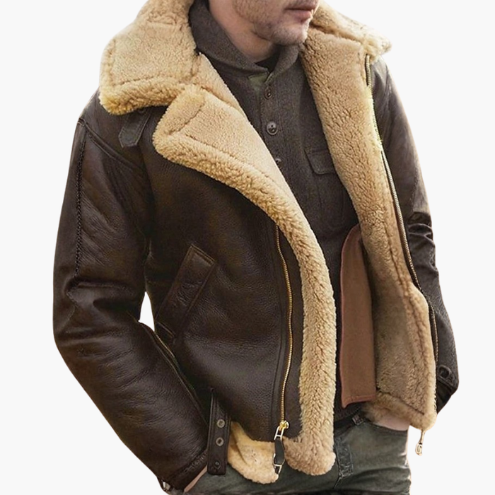 Herre pilotjakke med imitation shearling krave og lynlås