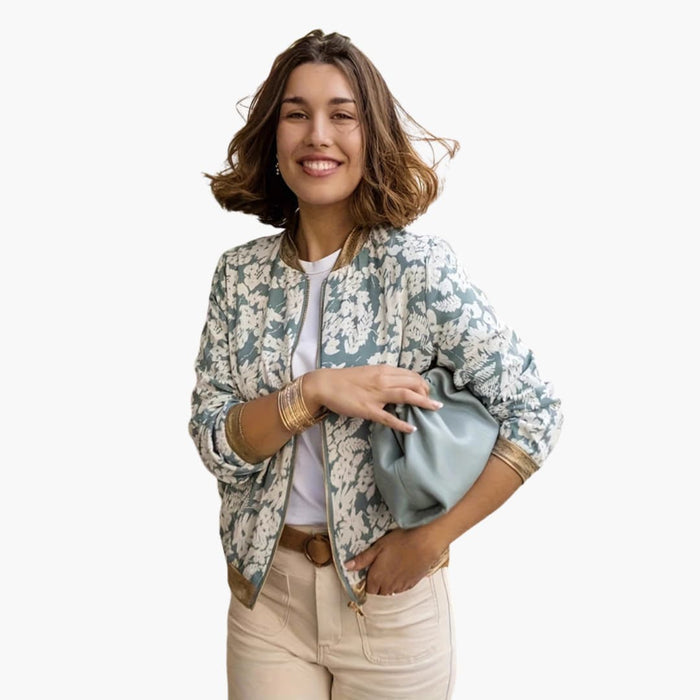 Blouson bomber dame med blomsterprint og lynlås
