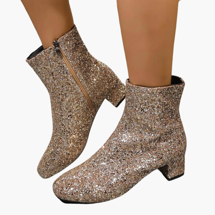 Stivali da donna con superficie glitterata e tacchi a blocco