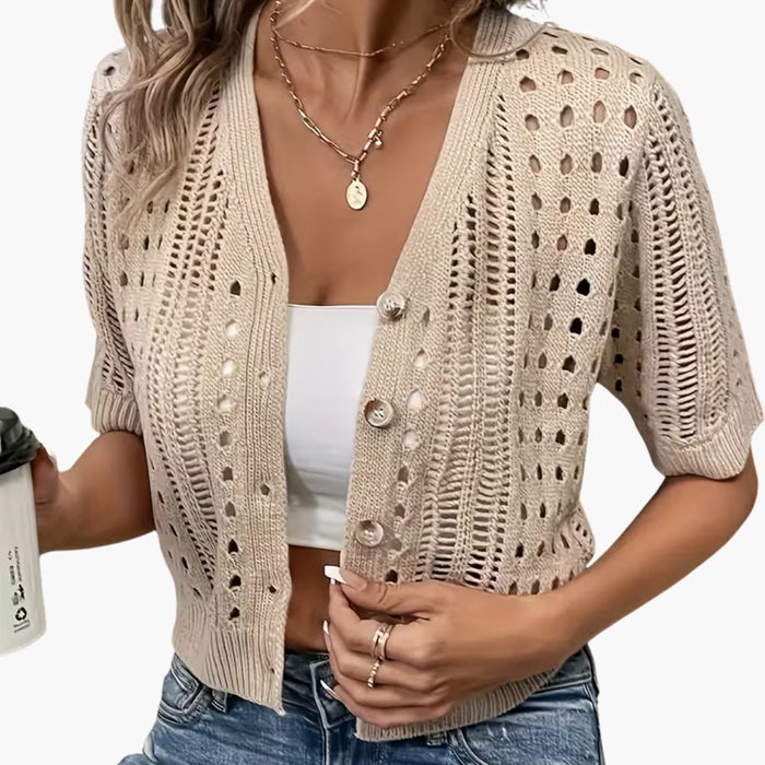 Gilet pour femme en maille ajourée à manches courtes