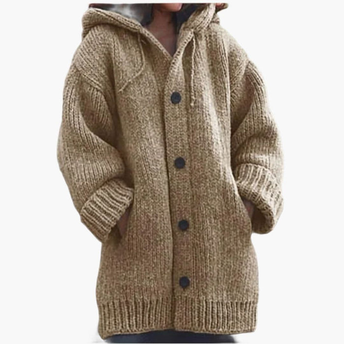 Cardigan da donna con cappuccio, chiusura con bottoni e vestibilità ampia