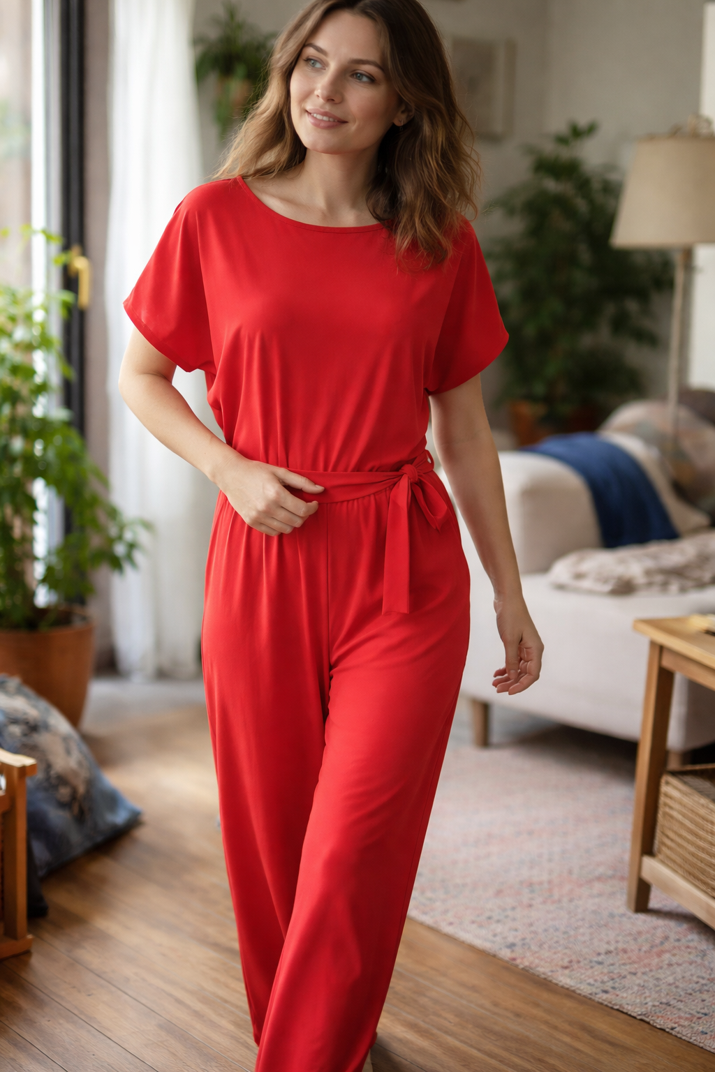 Dame Jumpsuit med Vide Ben, Korte Ærmer og Bindebælte