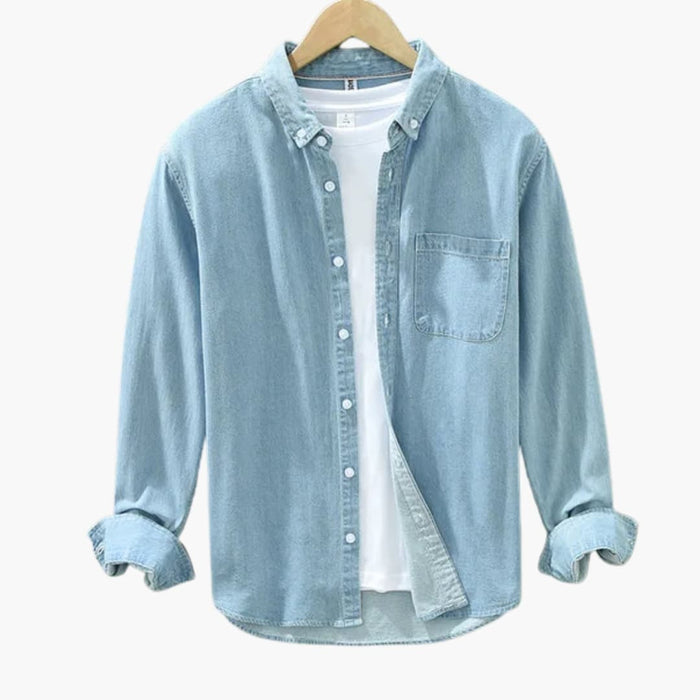 Denimskjorta för herrar med knappstängning och bröstficka