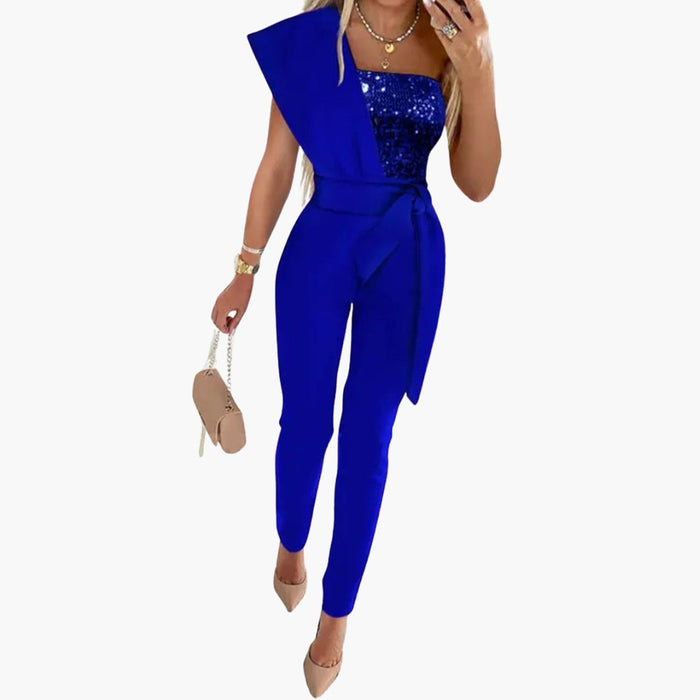 Damejumpsuit med éi skulder, utan ermer og glitrande overflate