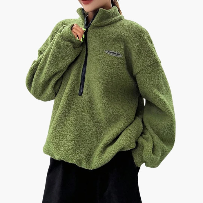 Fleece-pullover för damer med halvlång dragkedja och hög krage