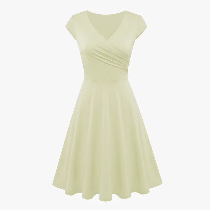 Vestido de mujer con cuello en V | Manga corta | Cintura entallada | Falda acampanada en A