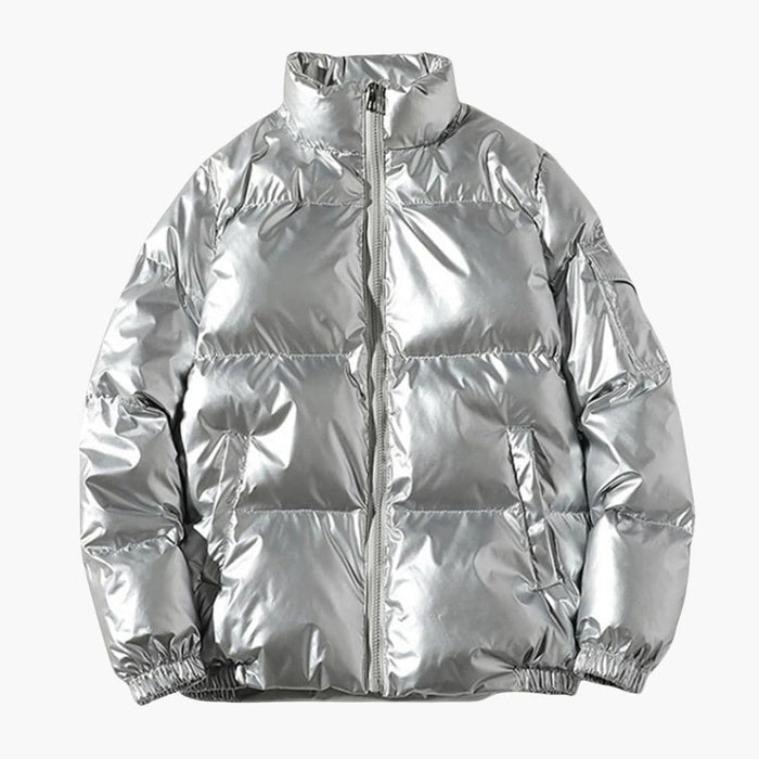Glänzende Herren-Daunenjacke mit hohem Kragen