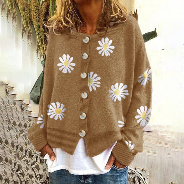 Cardigan da donna in maglia con ricami di margherite e bottoni