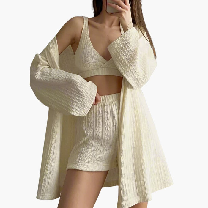 Completo da donna da casa a 3 pezzi con reggiseno e shorts