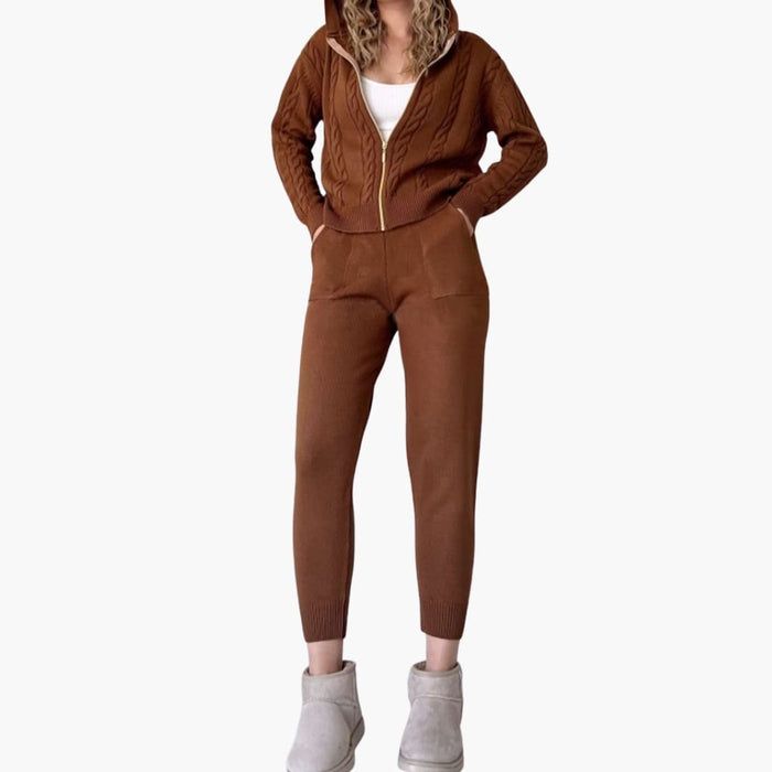 Conjunto de punto de dos piezas para mujer con chaqueta con cremallera y pantalón acanalado
