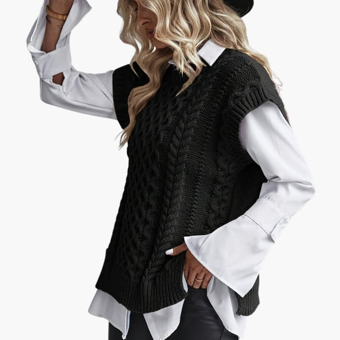 Cardigan smanicato da donna in maglia intrecciata con girocollo