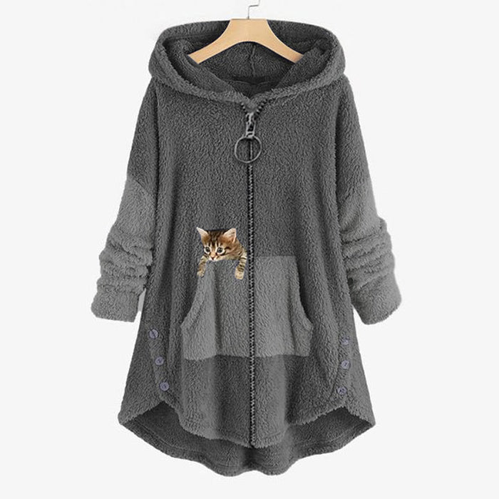 Damen-Kapuzenjacke mit Katzenprint und O-Ring-Reißverschluss