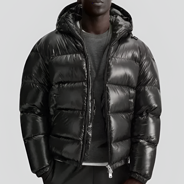 Chaqueta de plumón acolchada para hombre con capucha y cremallera frontal