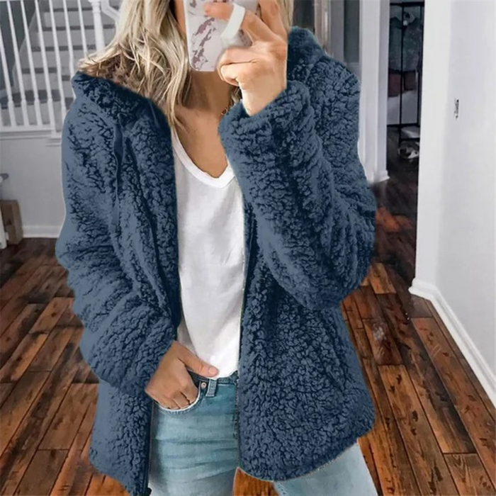 Damen-Teddyfleecejacke mit Kapuze und Frontreißverschluss