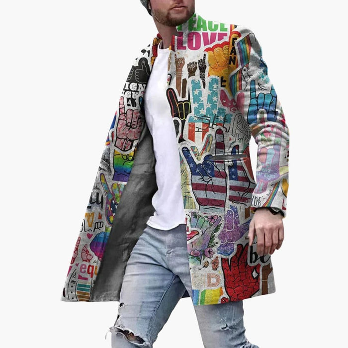 Lång kappa för herrar med grafiskt mönster