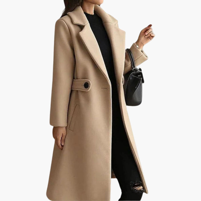 Chaqueta de mujer con cinturón, cuello de solapas y bolsillos laterales