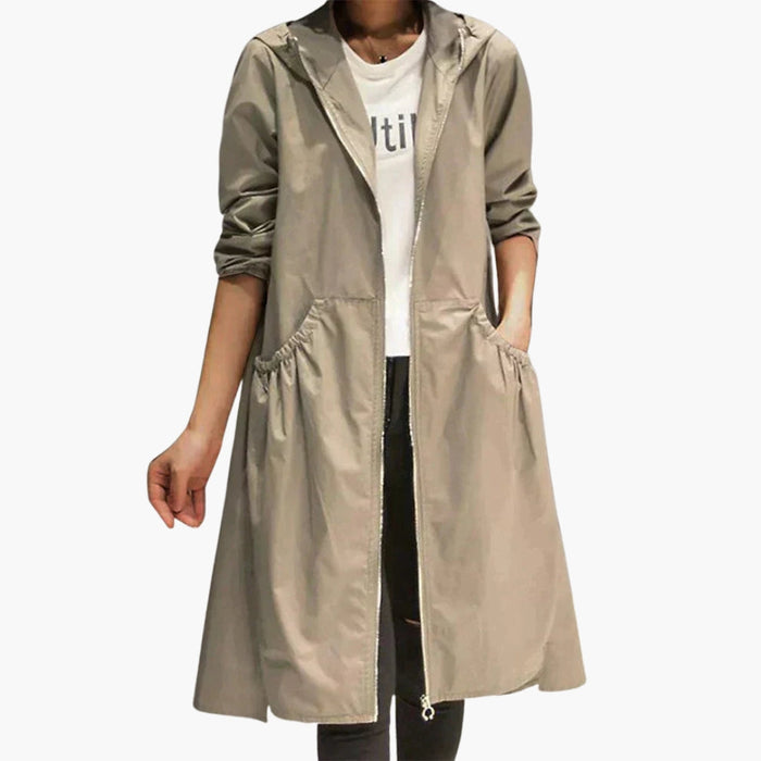 Cappotto lungo da donna con cappuccio e cerniera