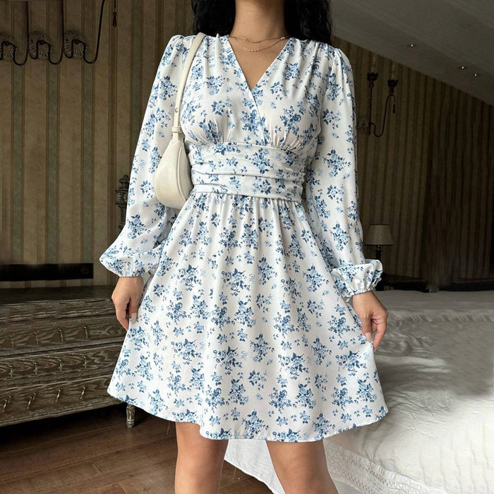 Robe portefeuille fleurie pour femme à manches longues pour tous les jours