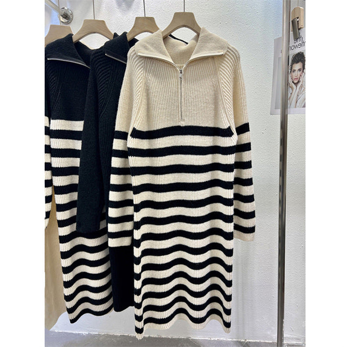 Vestido midi de punto para mujer con estampado de rayas y cuello alto