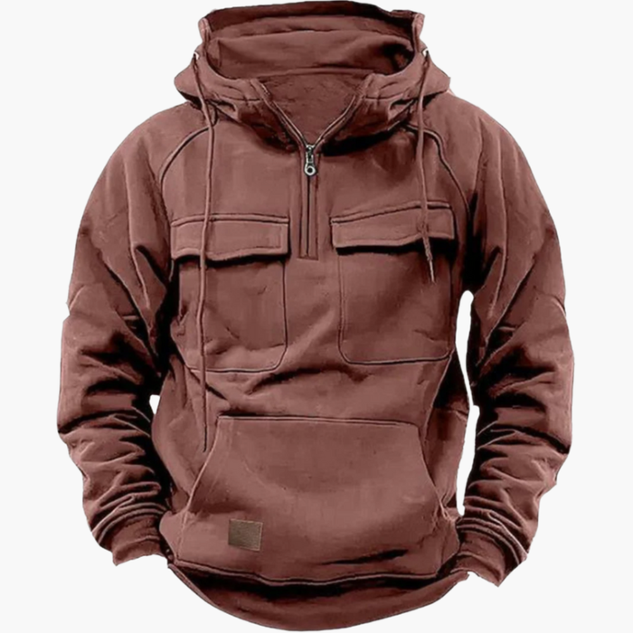 Felpa con cappuccio da uomo, mezza zip e tasche anteriori