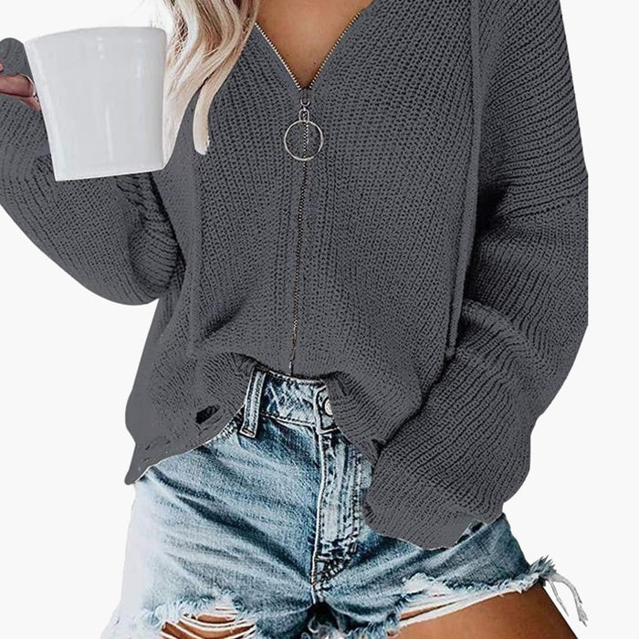 Maglione da donna in maglia con cerniera e scollo a V